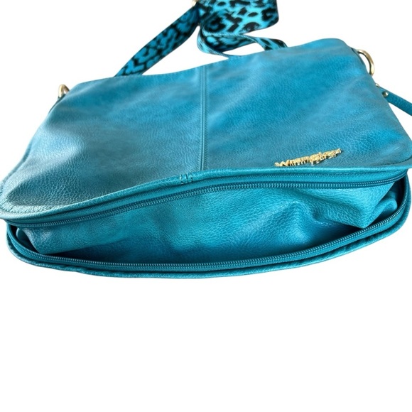 Wrangler Large Pebbled Crossbody Bag Leopard Guitar Strap Turquoise Black 14x12 - Picture 8 of 16